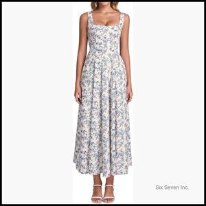 Floral Midi Dress Casual Lace Up Flowy A Line Square Neck Wedding Guest Summer